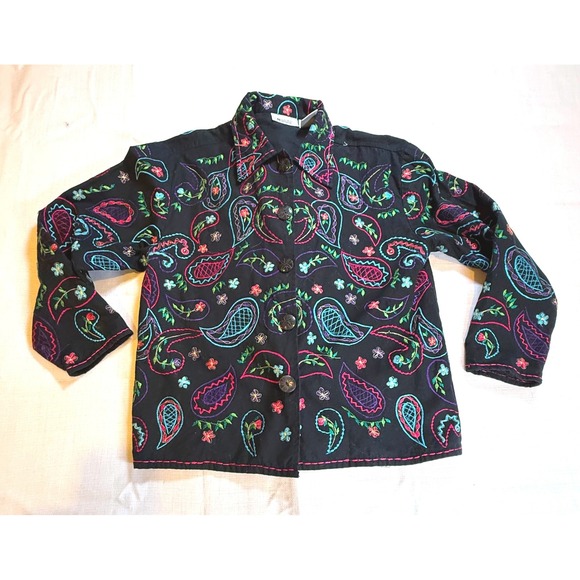 Units Tops - Vintage Units Linen Blend Embroidered Paisley Jacket Medium Black Boho Shirt